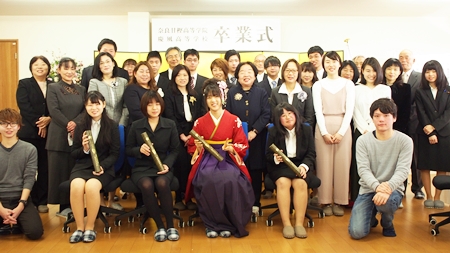 創立記念「第1回卒業式」｜この写真は奈良甘樫高等学院「第一回卒業式」の記念写真であり